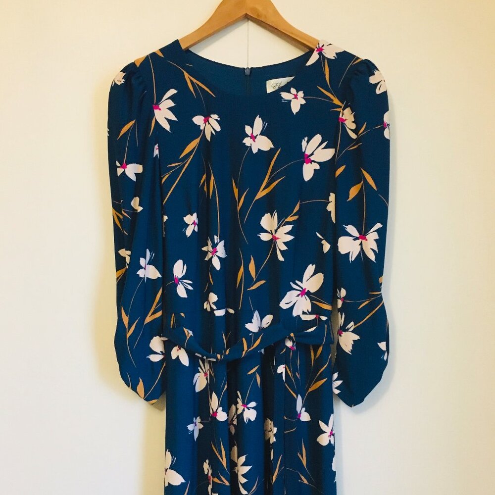 Eliza J Classy Blue Floral Belted Retro A-Line Maxi Dress - Picture 4 of 16